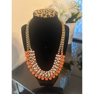 Lane Bryant Orange & Pink Rhinestone Statement Necklace Gold Tone